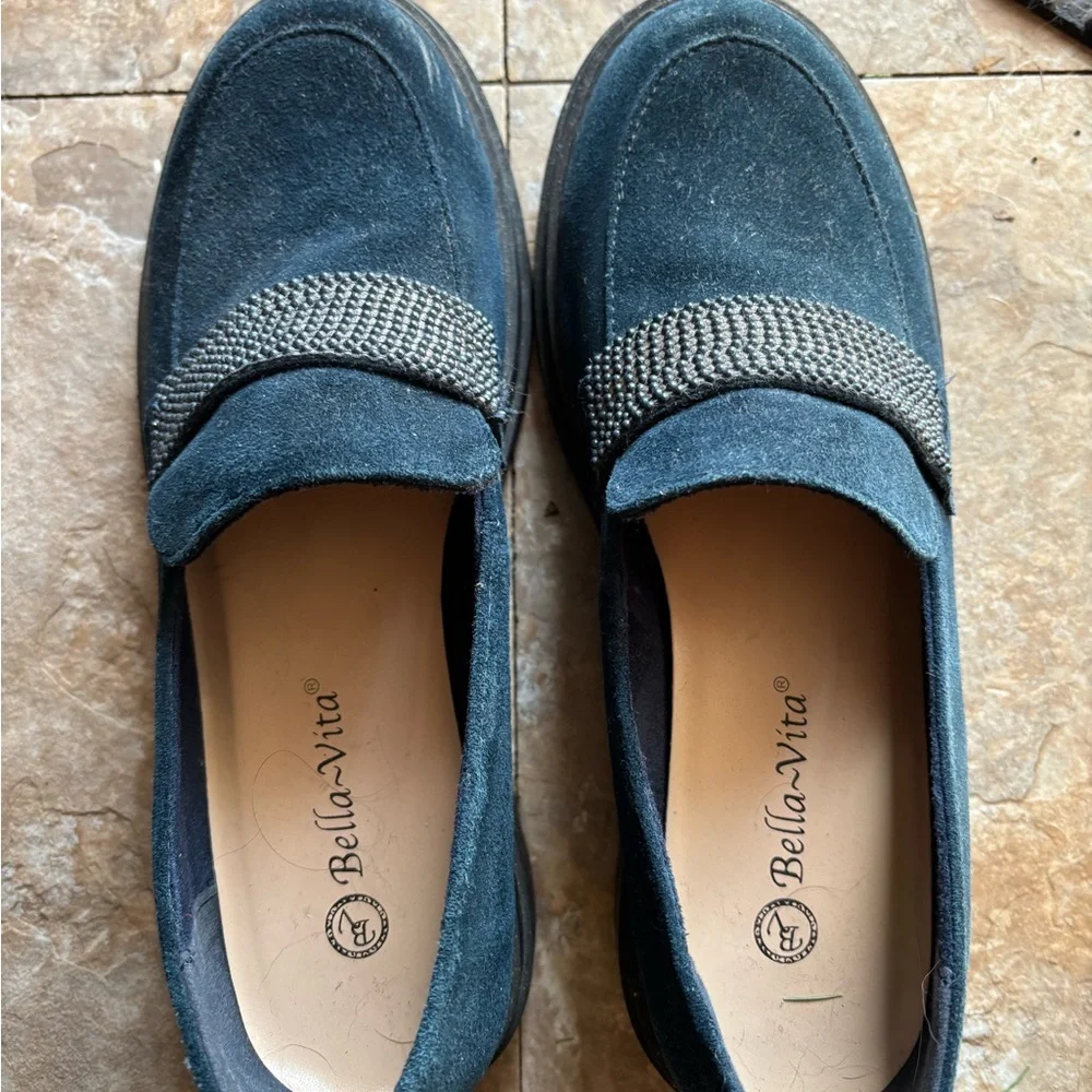 Bella Vita Navy Loafers with Studded Detail - Picture 2 of 5